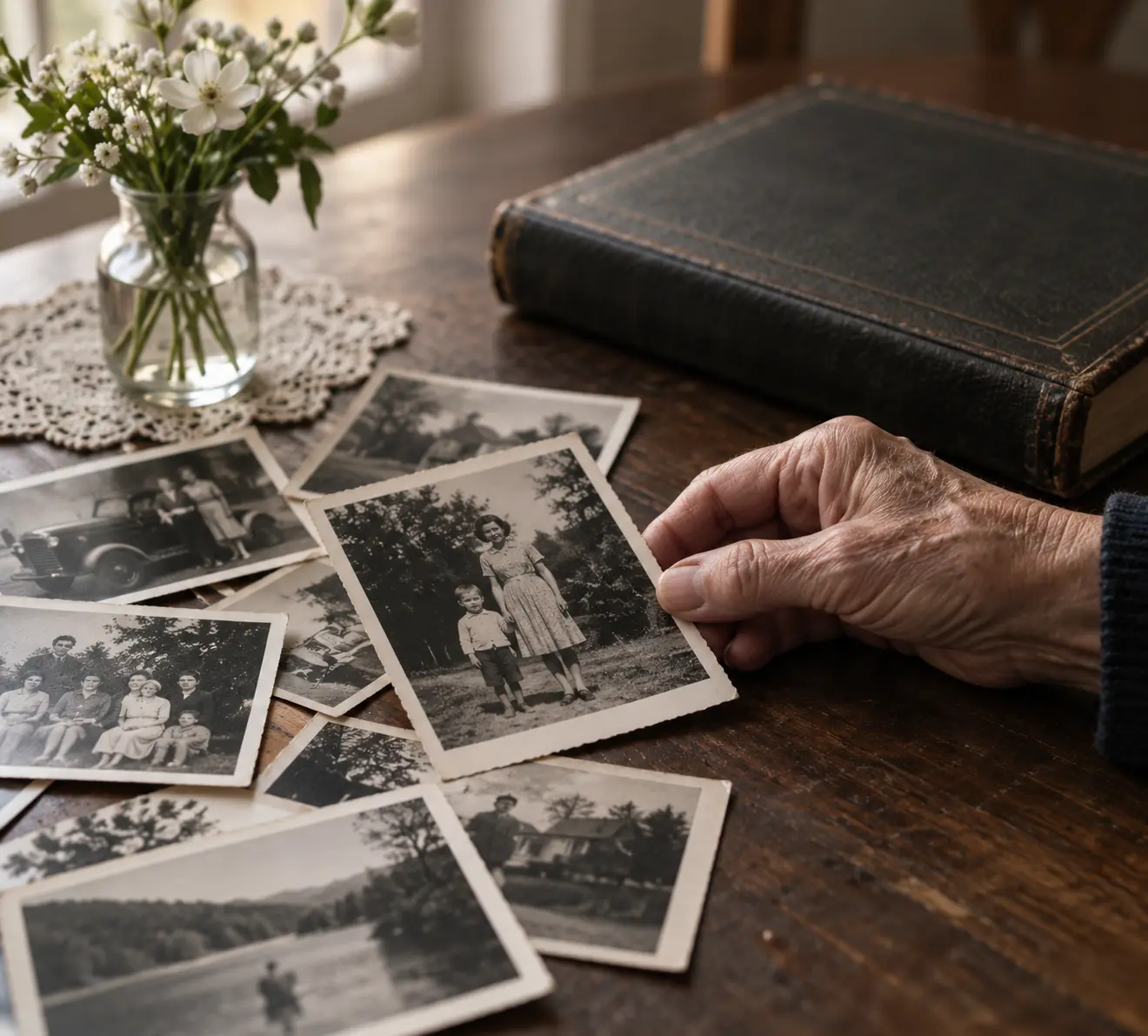 A family member reviewing archival photographs before a memorial service