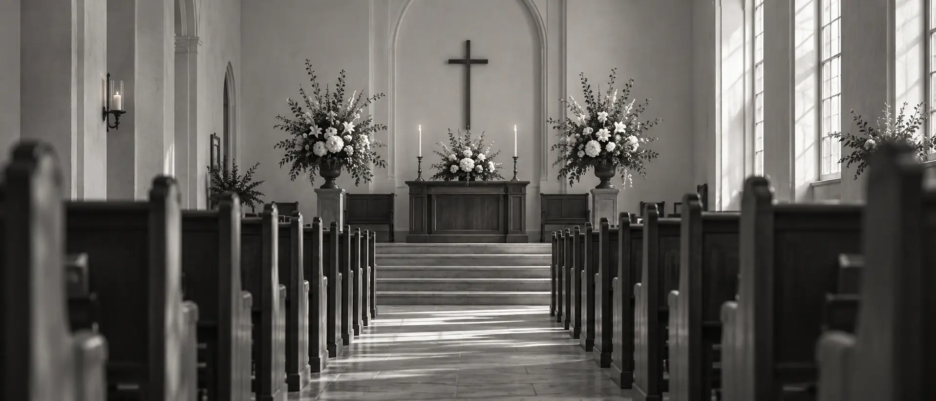 A quiet memorial chapel prepared for a gathering