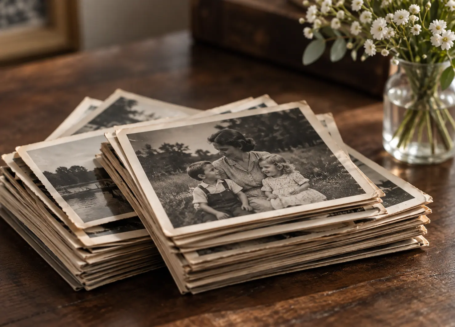 A carefully preserved stack of black-and-white family photographs