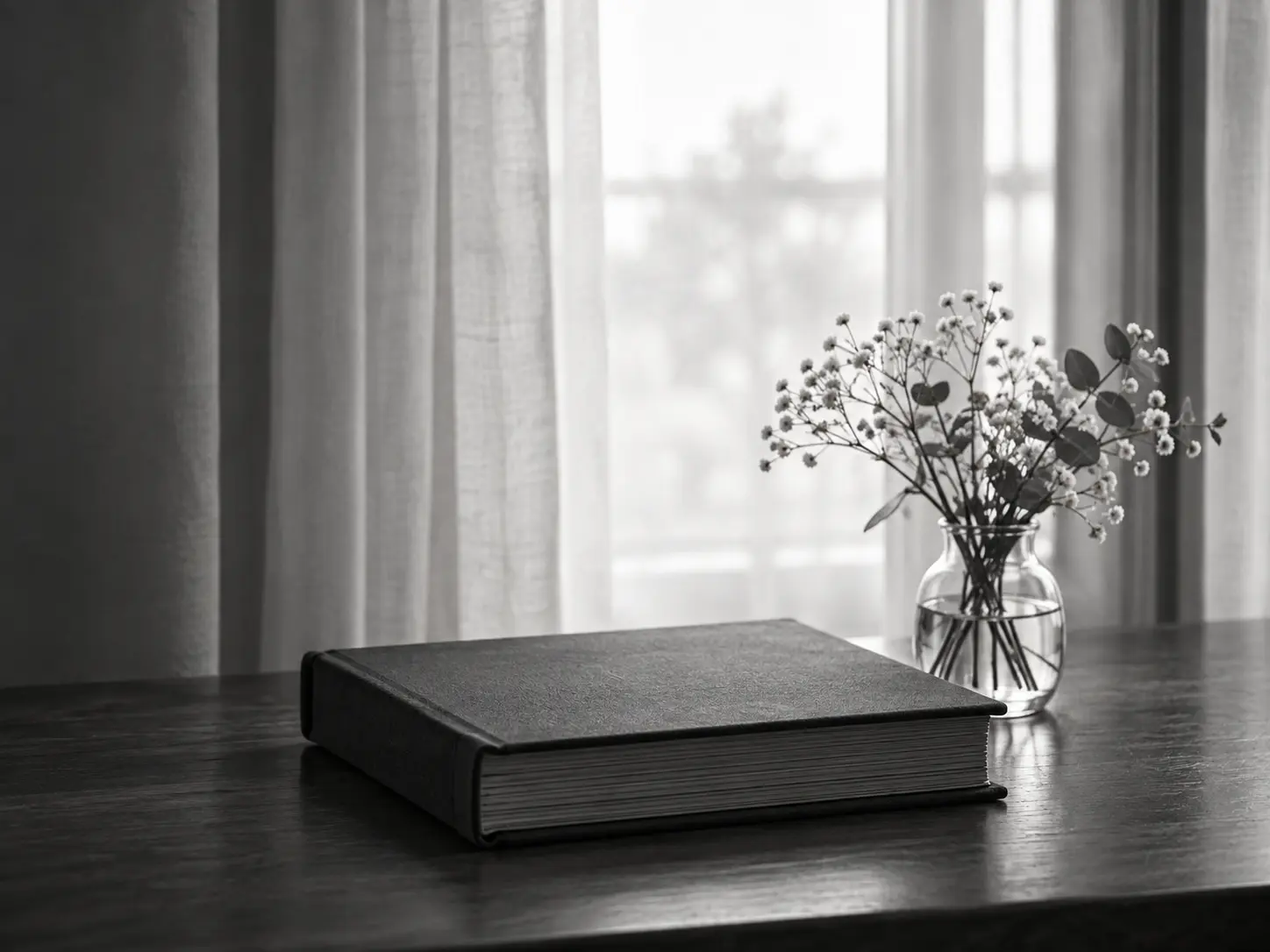 A closed archival album beside flowers