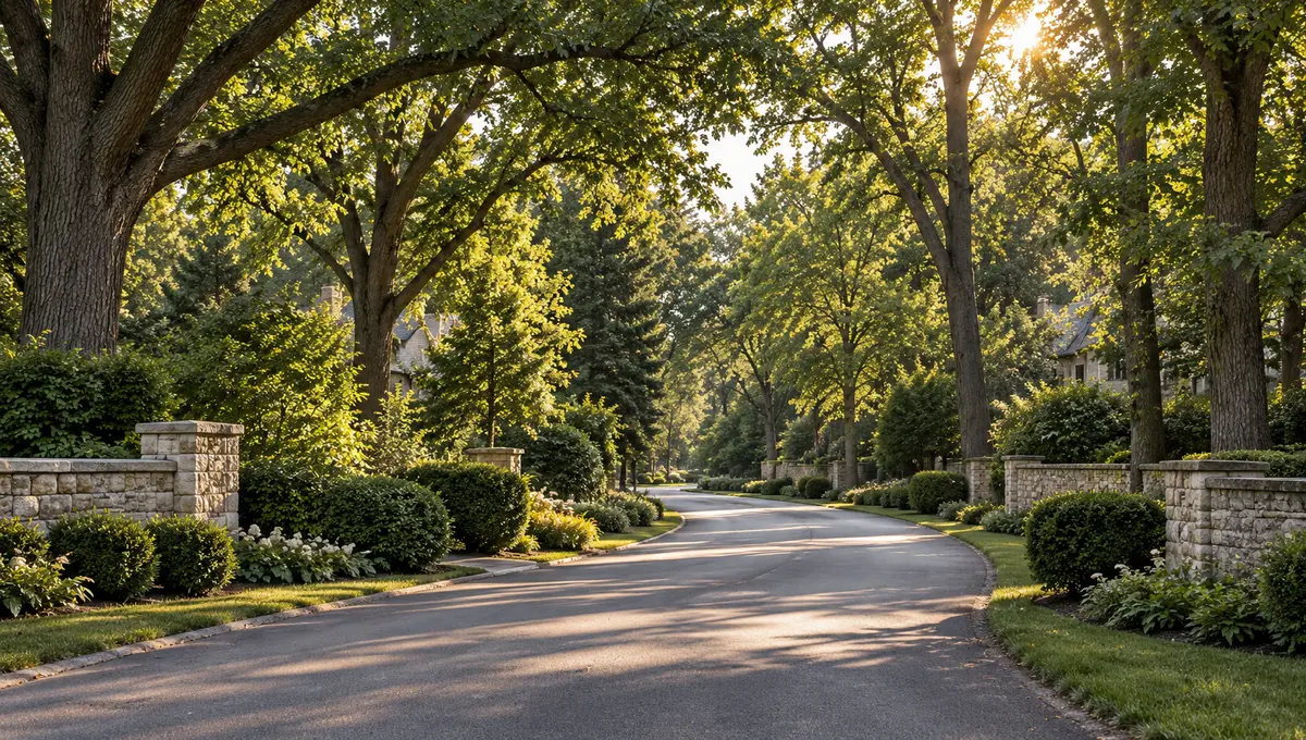 Quiet tree-lined residential lane with stone walls in Bannockburn, Illinois
