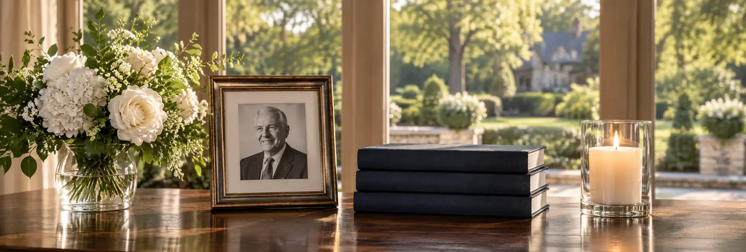 White flowers, framed portrait, keepsake books, and a candle arranged for a memorial