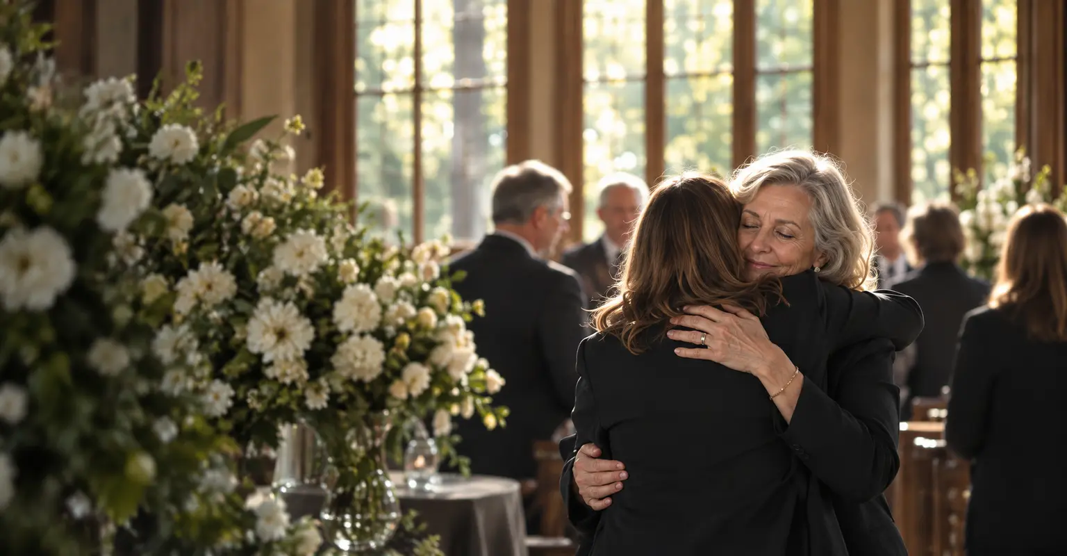 Two family members sharing a comforting embrace during a memorial gathering