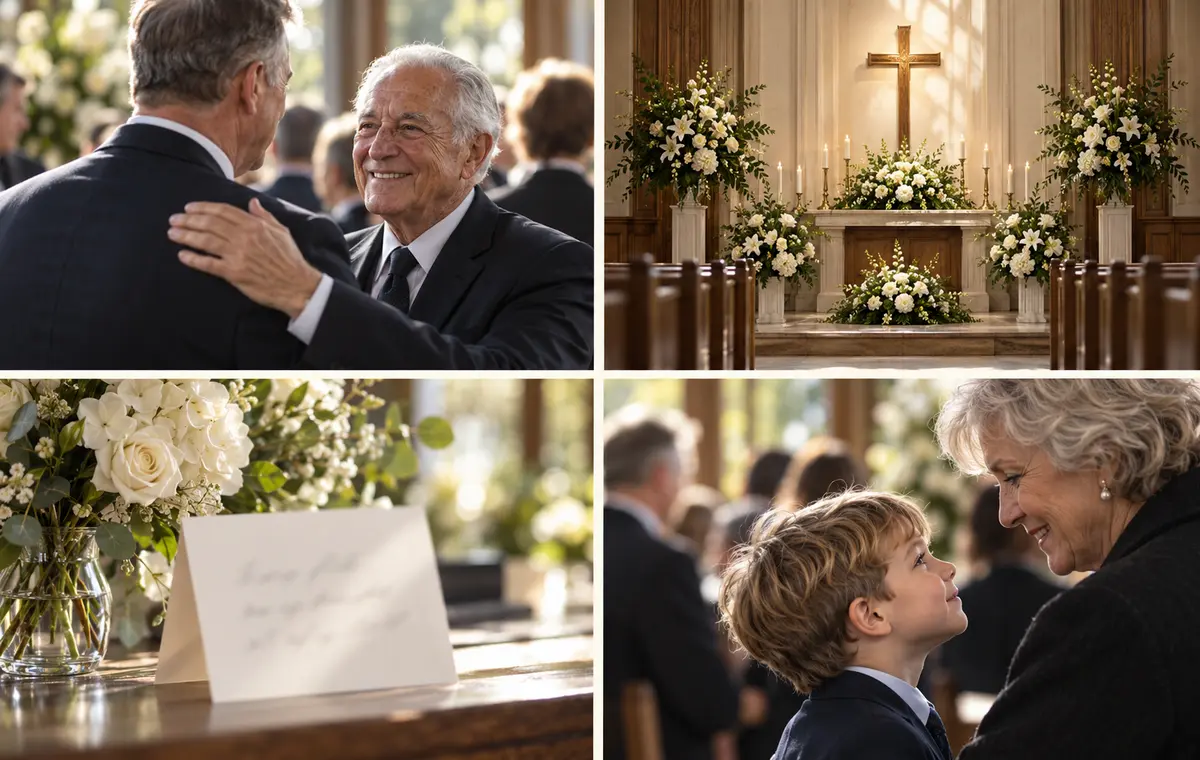 Four memorial moments including family greetings, flowers, a chapel, and generations together