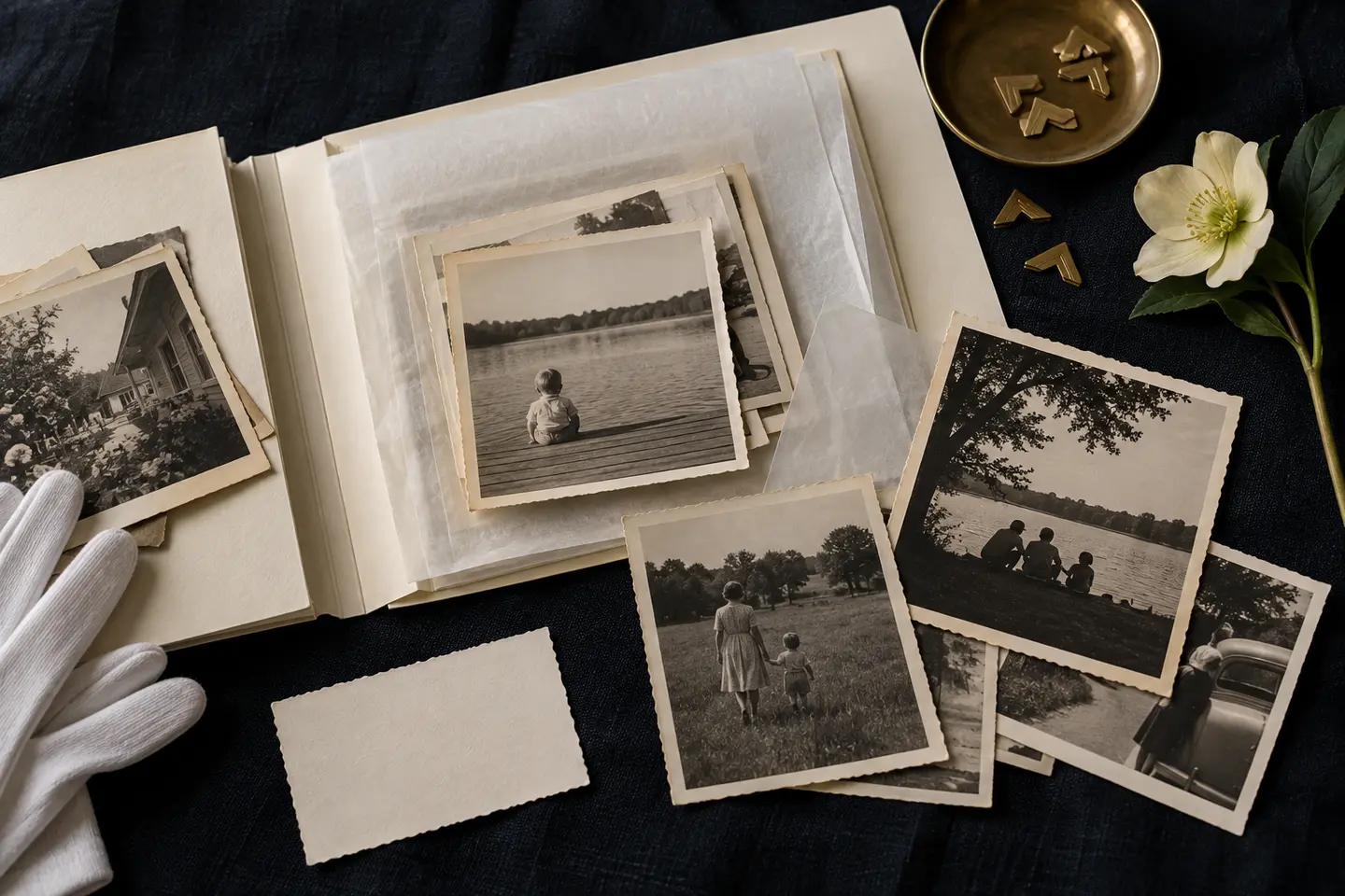 Printed family photographs arranged in a keepsake album