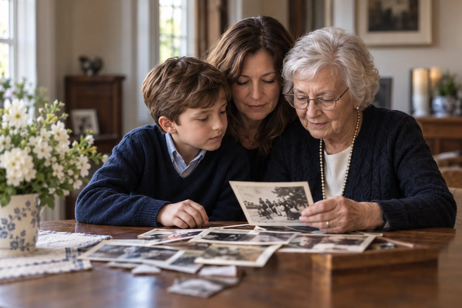 Three generations looking through vintage family photographs together