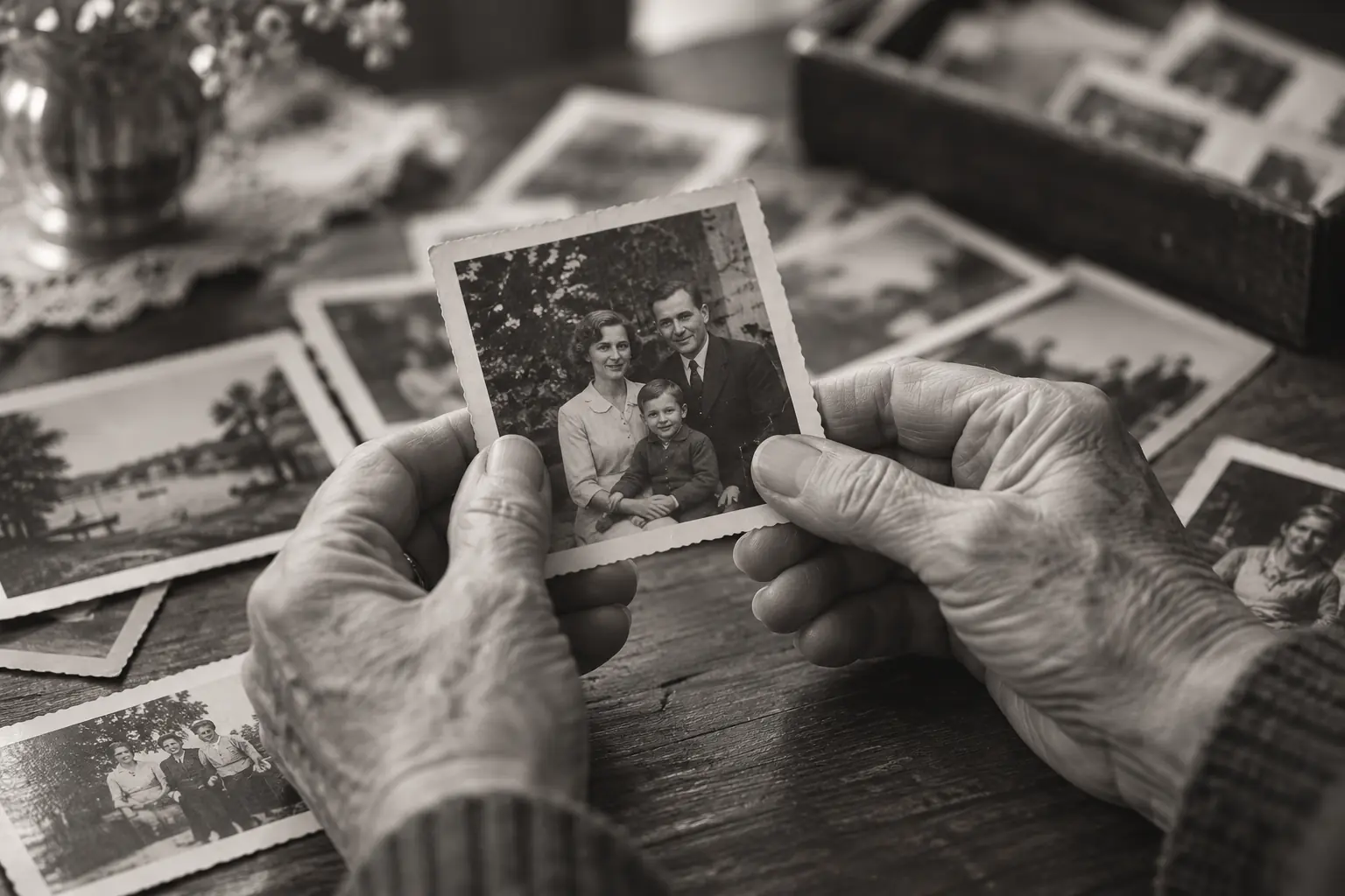Older hands holding a treasured vintage family portrait