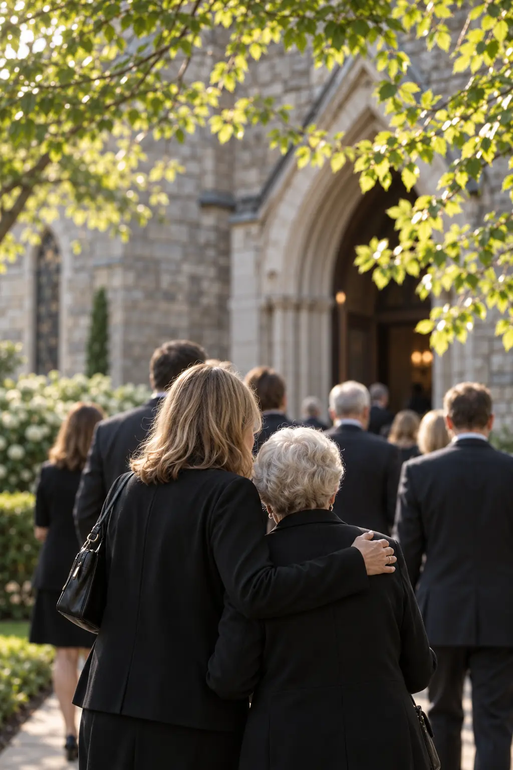 A woman supporting an older family member as guests arrive at a memorial service