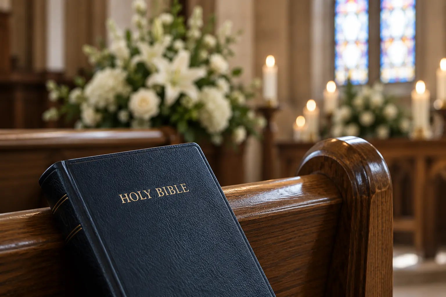 Bible resting on a wooden chapel pew before a service