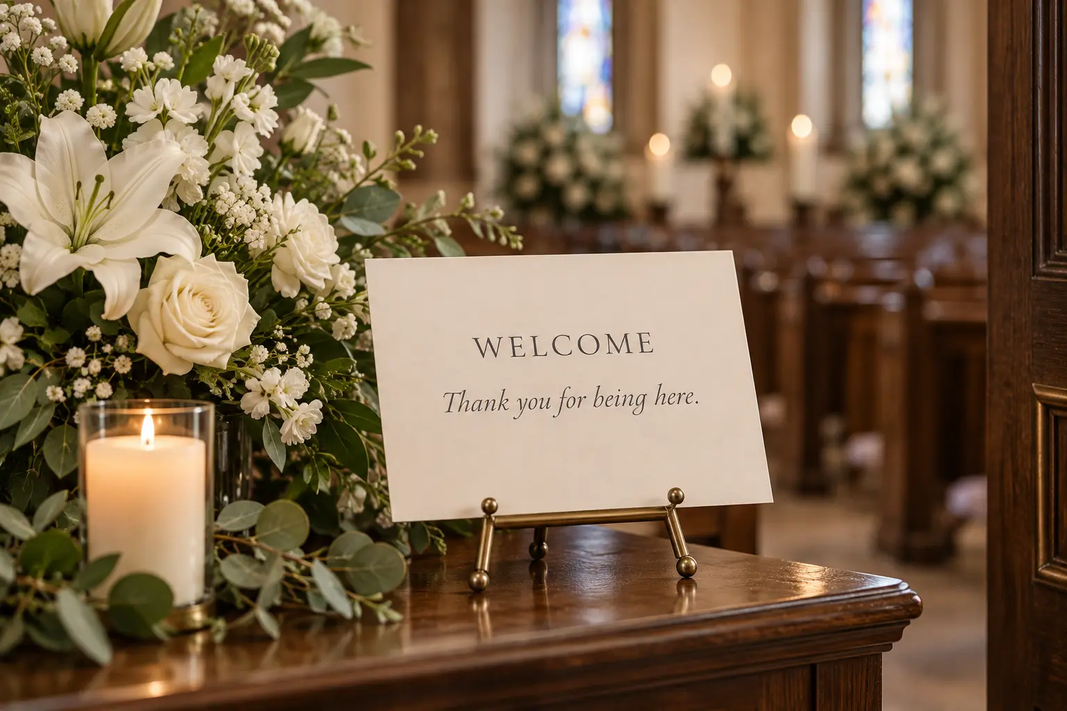 Welcome notice beside white flowers at the entrance to a memorial service