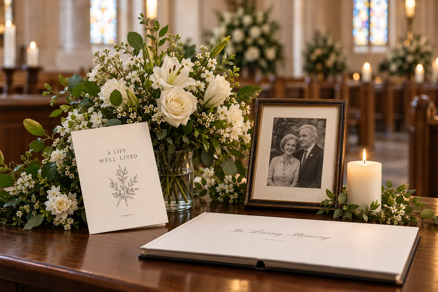 White flowers, a memorial program, framed family photograph, candle, and guest book prepared for a service