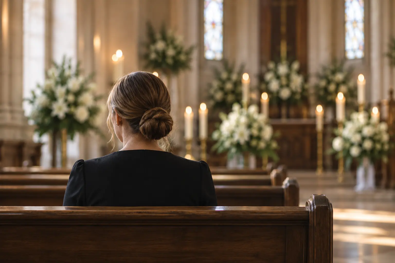 Guest seated quietly at the back of a chapel before a memorial service