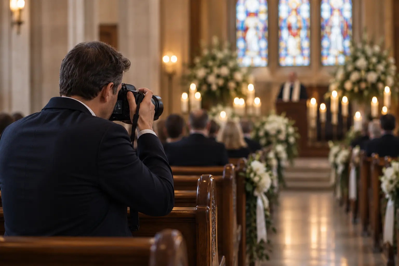 Memorial photographer working quietly from the back of a chapel