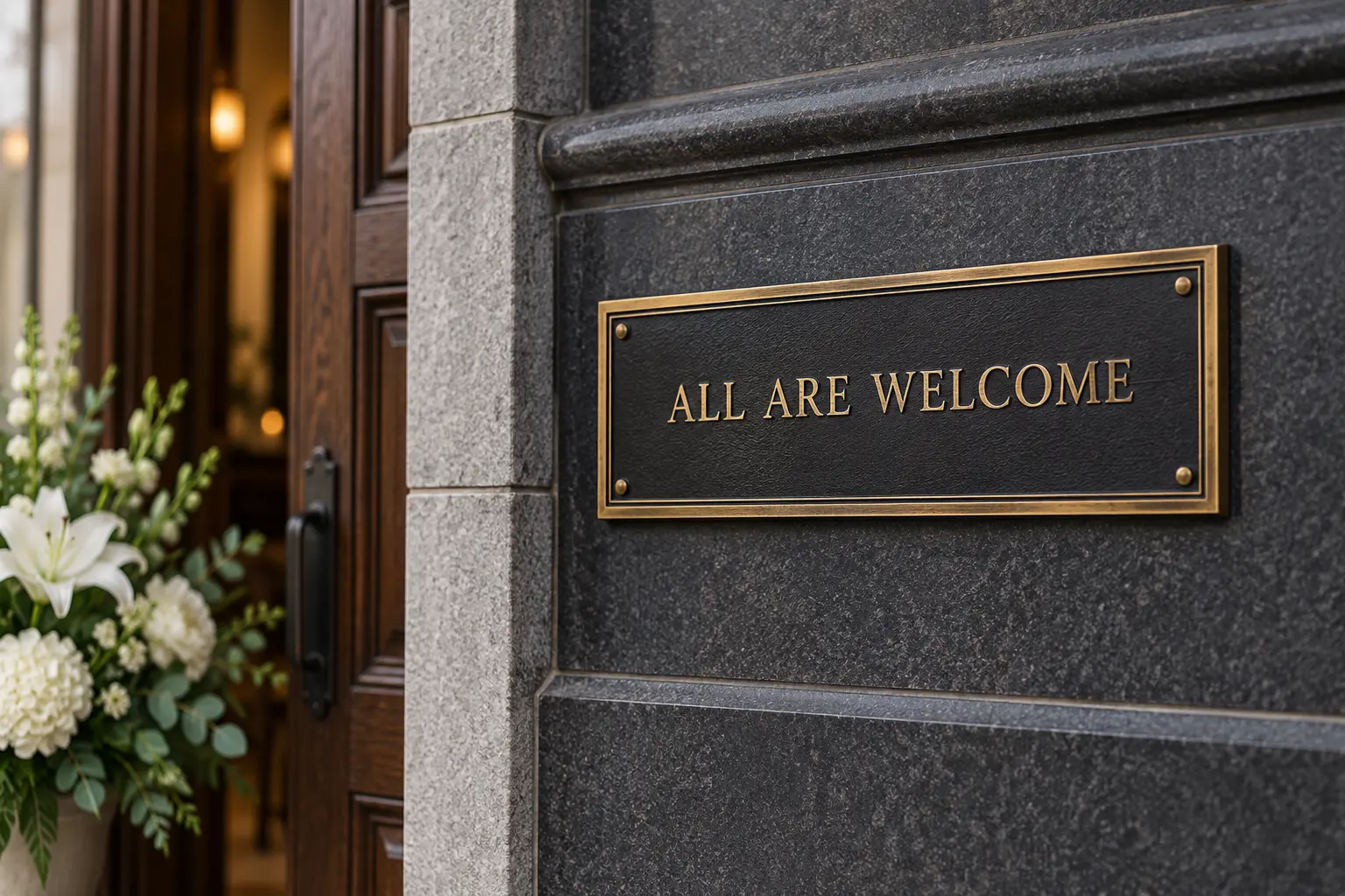 Welcoming plaque at the entrance to a memorial venue