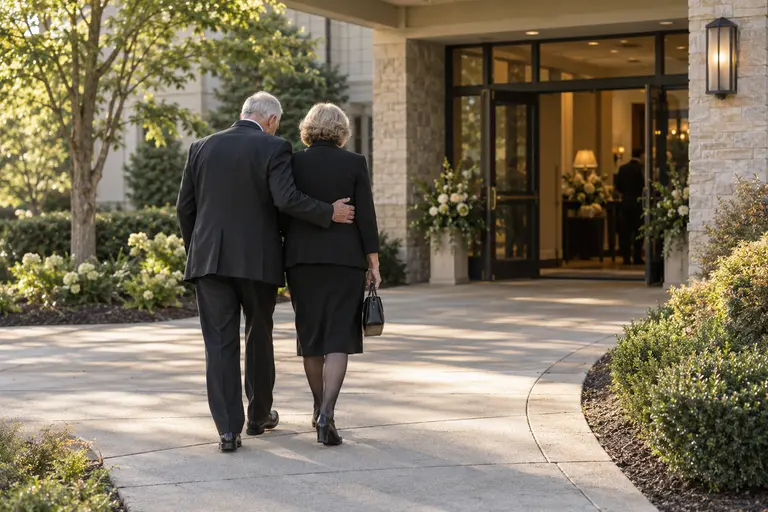 Guest arriving with flowers for a remembrance gathering