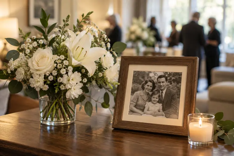 Memorial program, framed photograph, and flowers arranged with care