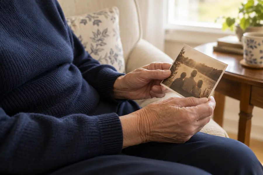Hands holding a treasured family photograph in warm window light