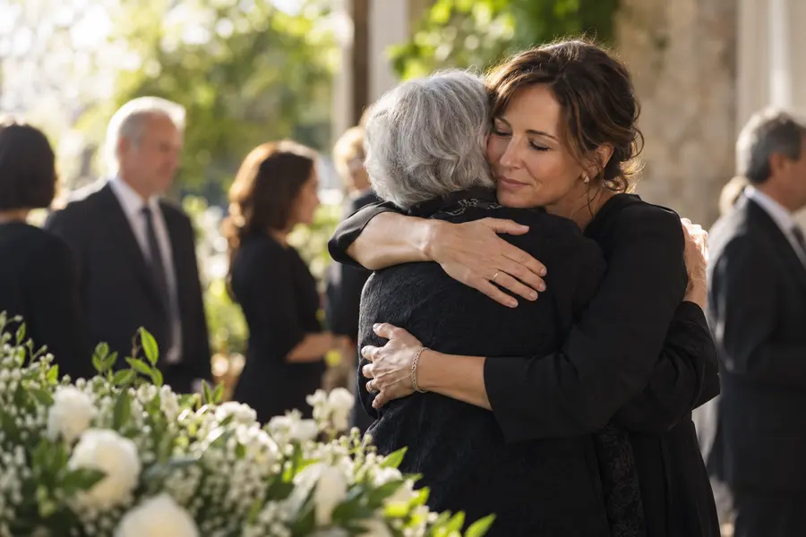 Two family members embracing during a memorial gathering