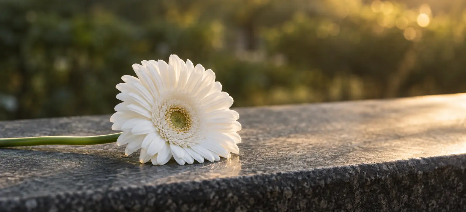 A single white remembrance flower resting on dark stone
