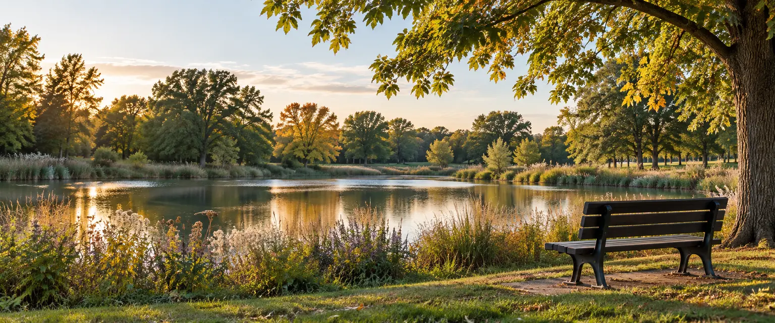 Peaceful tree-lined pond and bench representing the Gurnee community setting
