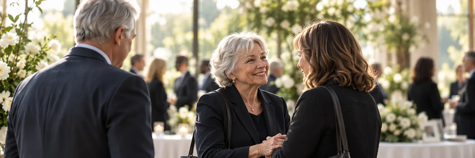Family members greeting one another during a bright remembrance gathering