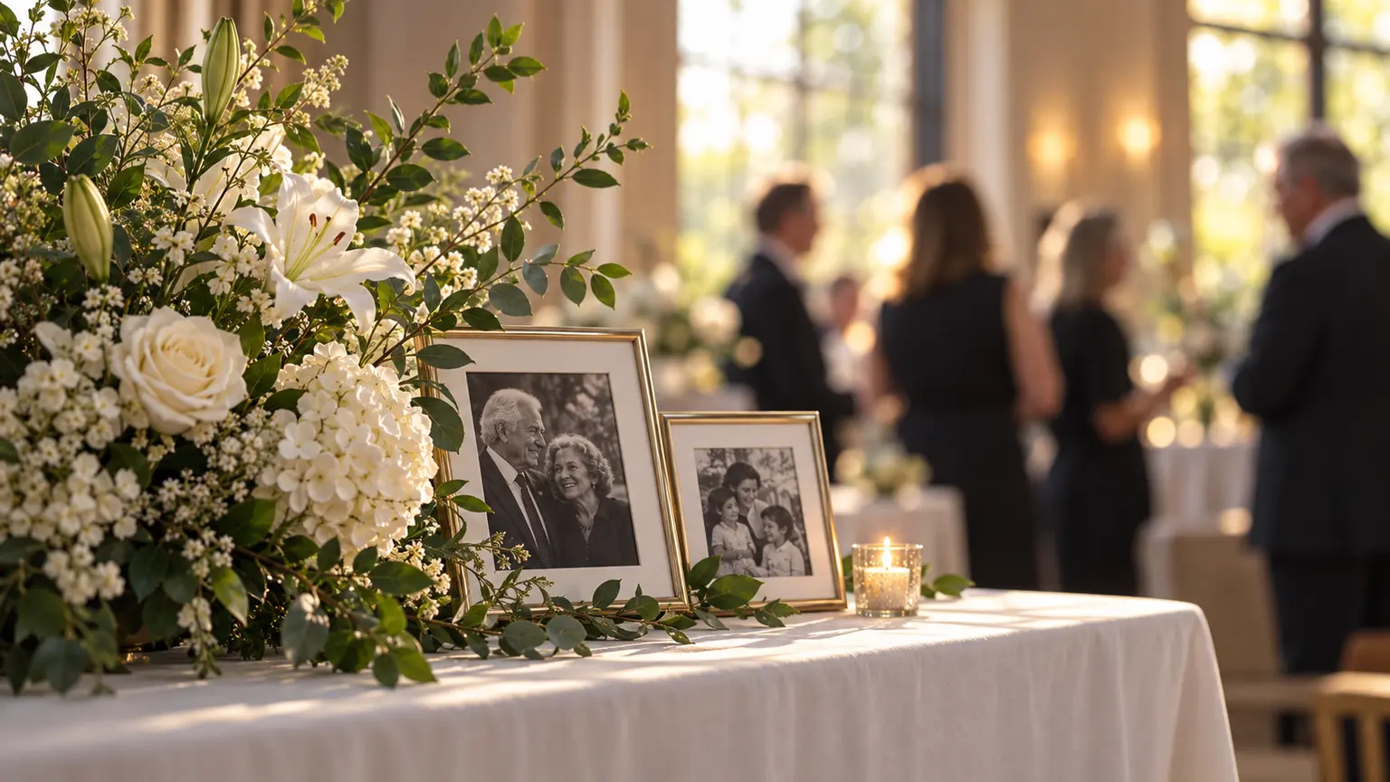 White memorial flowers and framed family photographs with guests softly visible behind them