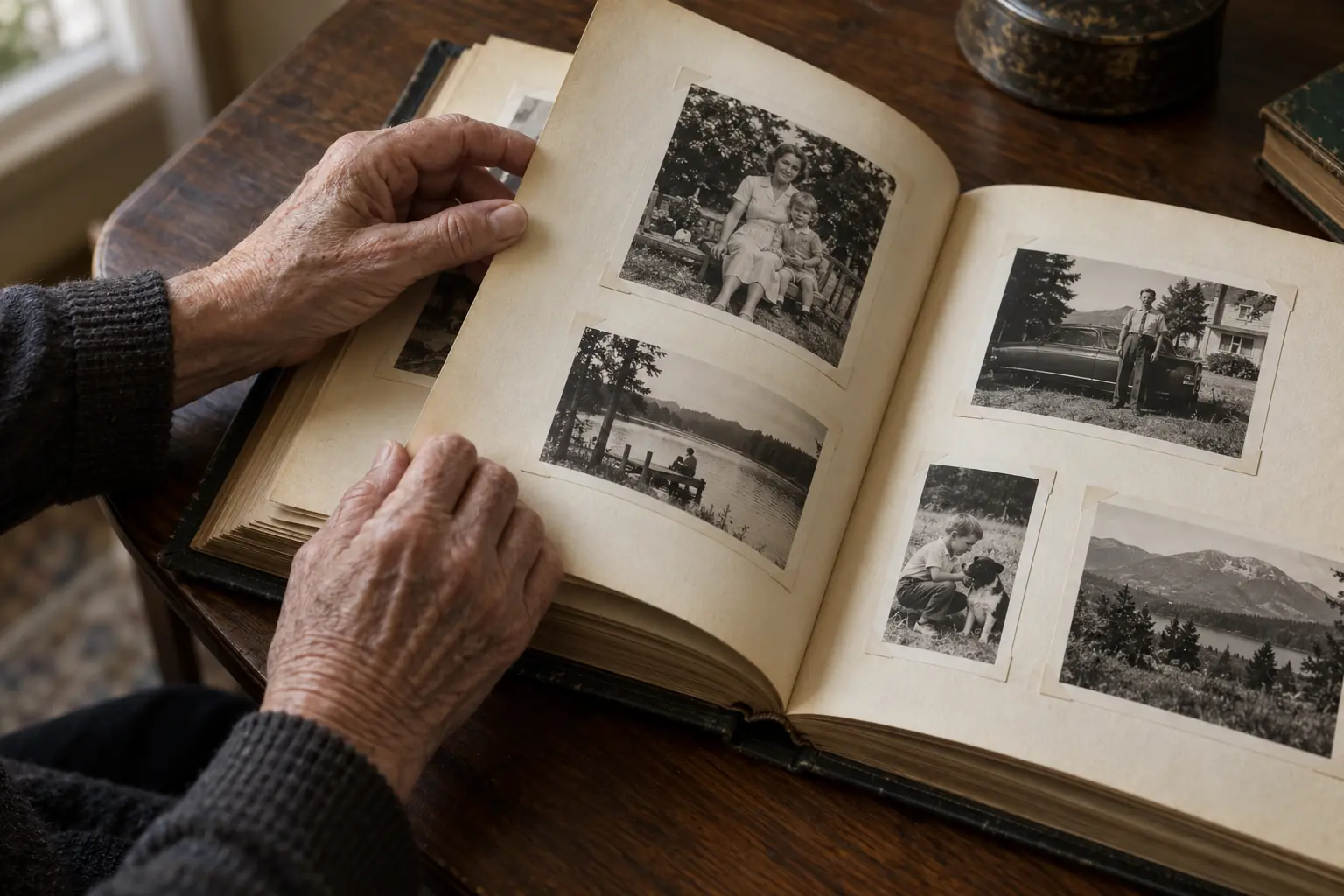 Hands turning the pages of a family photograph album