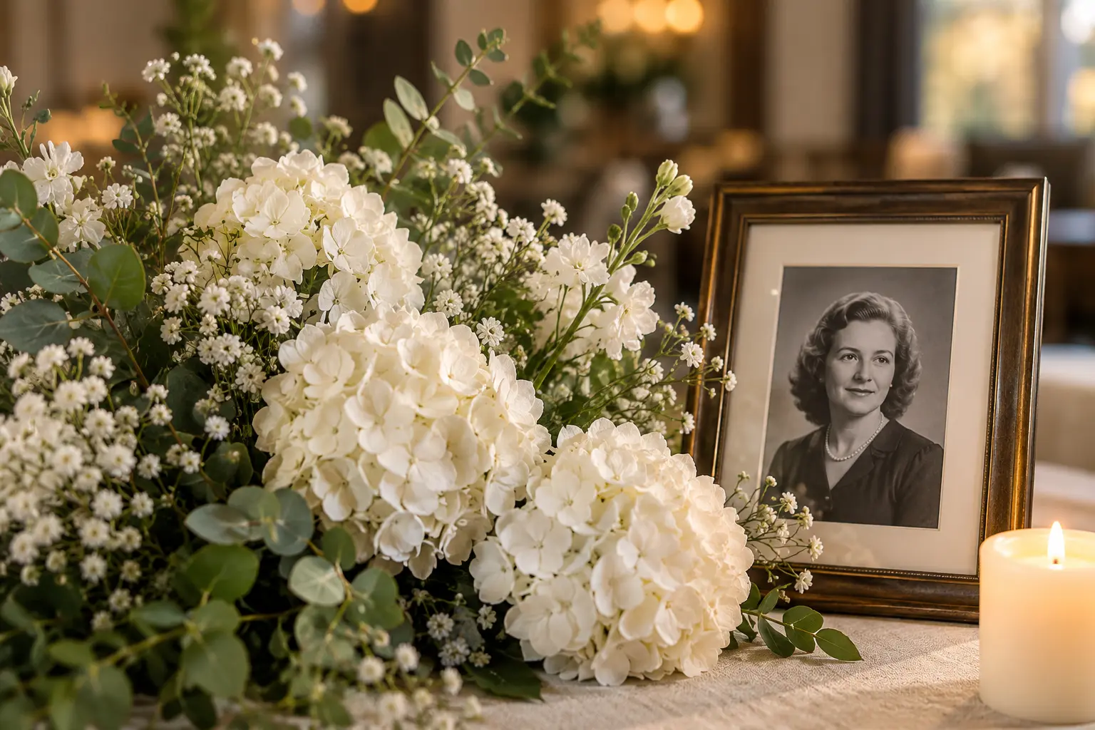 White memorial flowers beside a framed family portrait