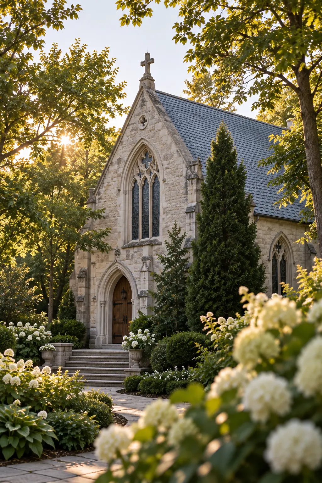 A stone chapel prepared for a memorial gathering