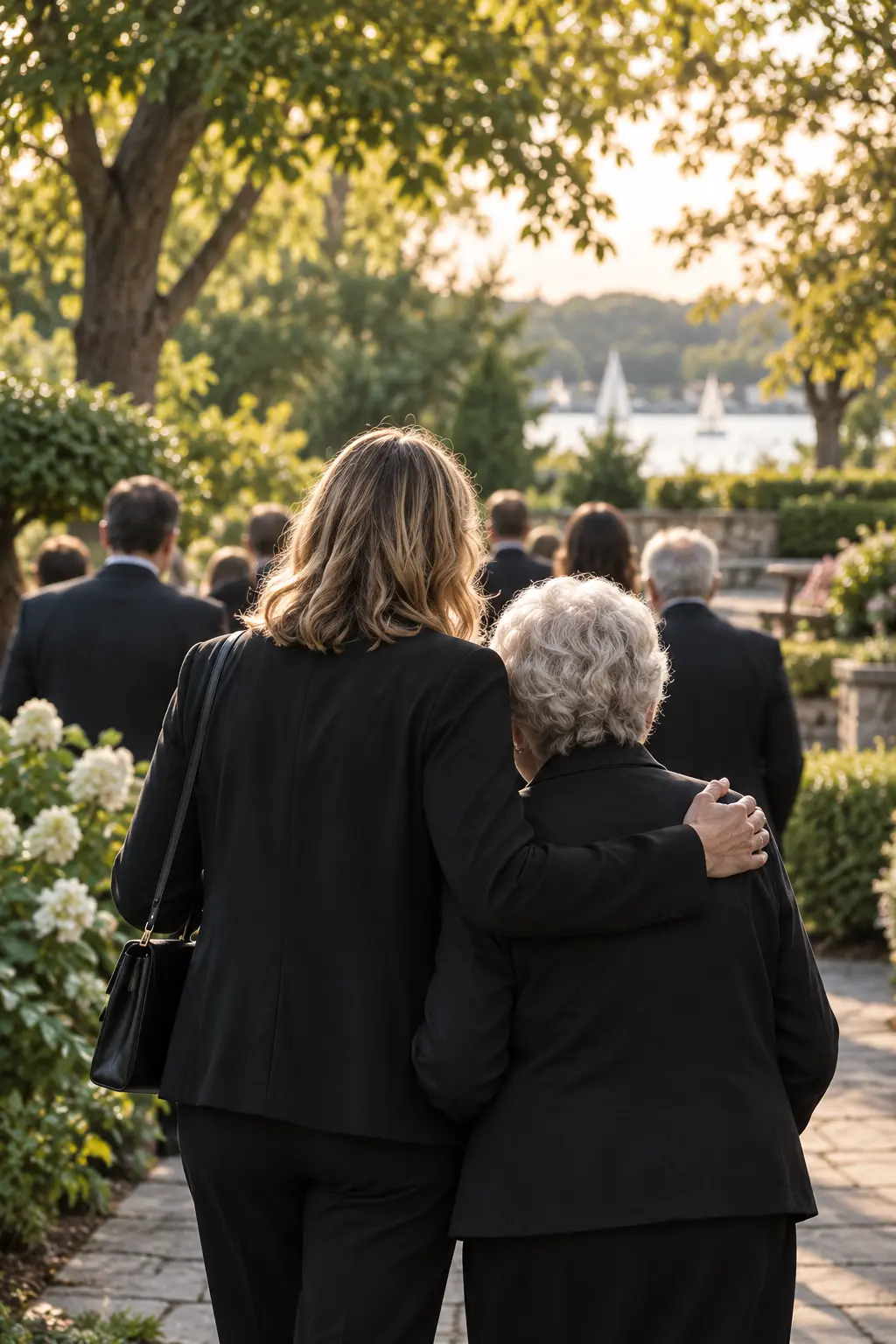 A woman supporting an older family member at a memorial gathering