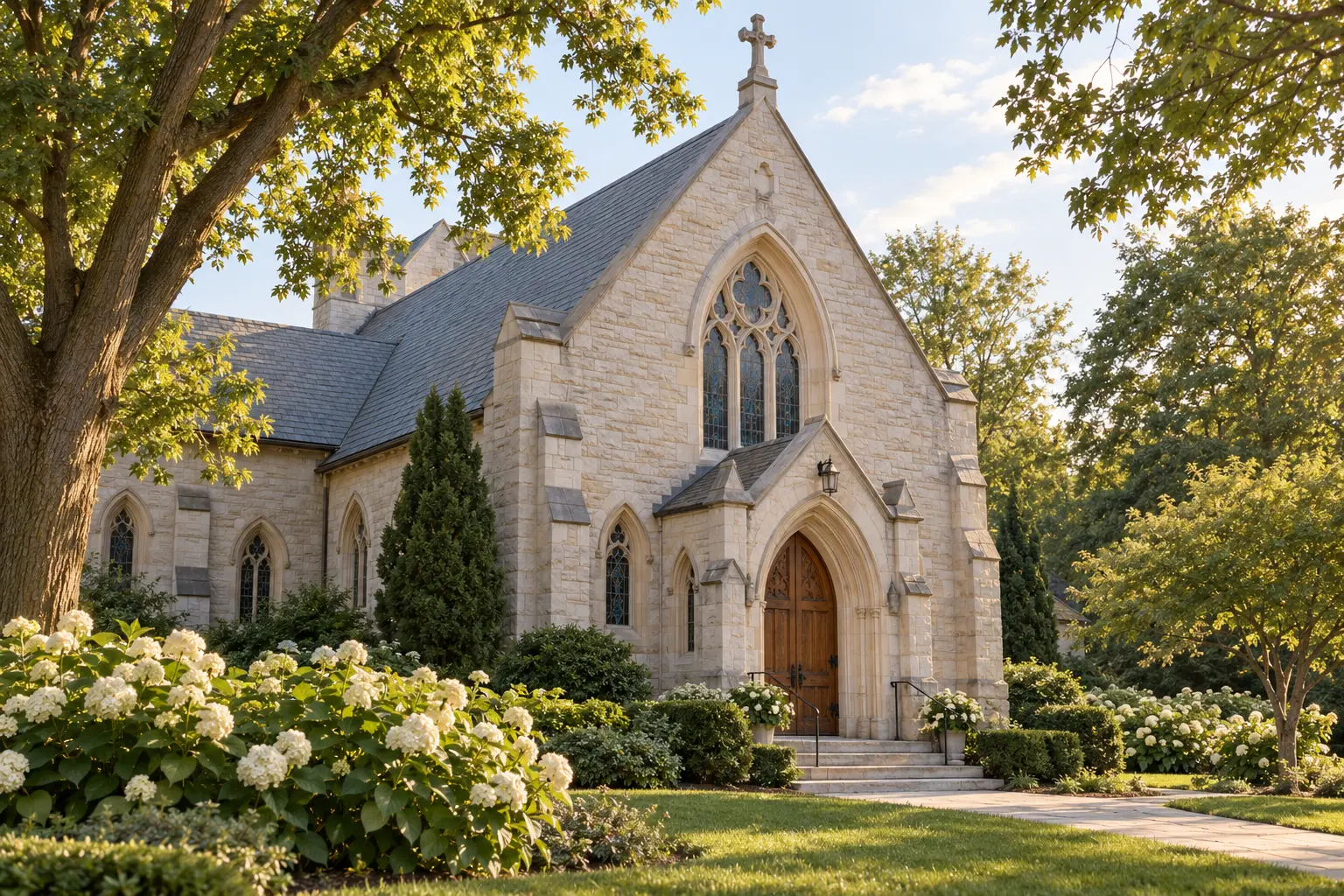 A limestone chapel framed by trees and white flowers