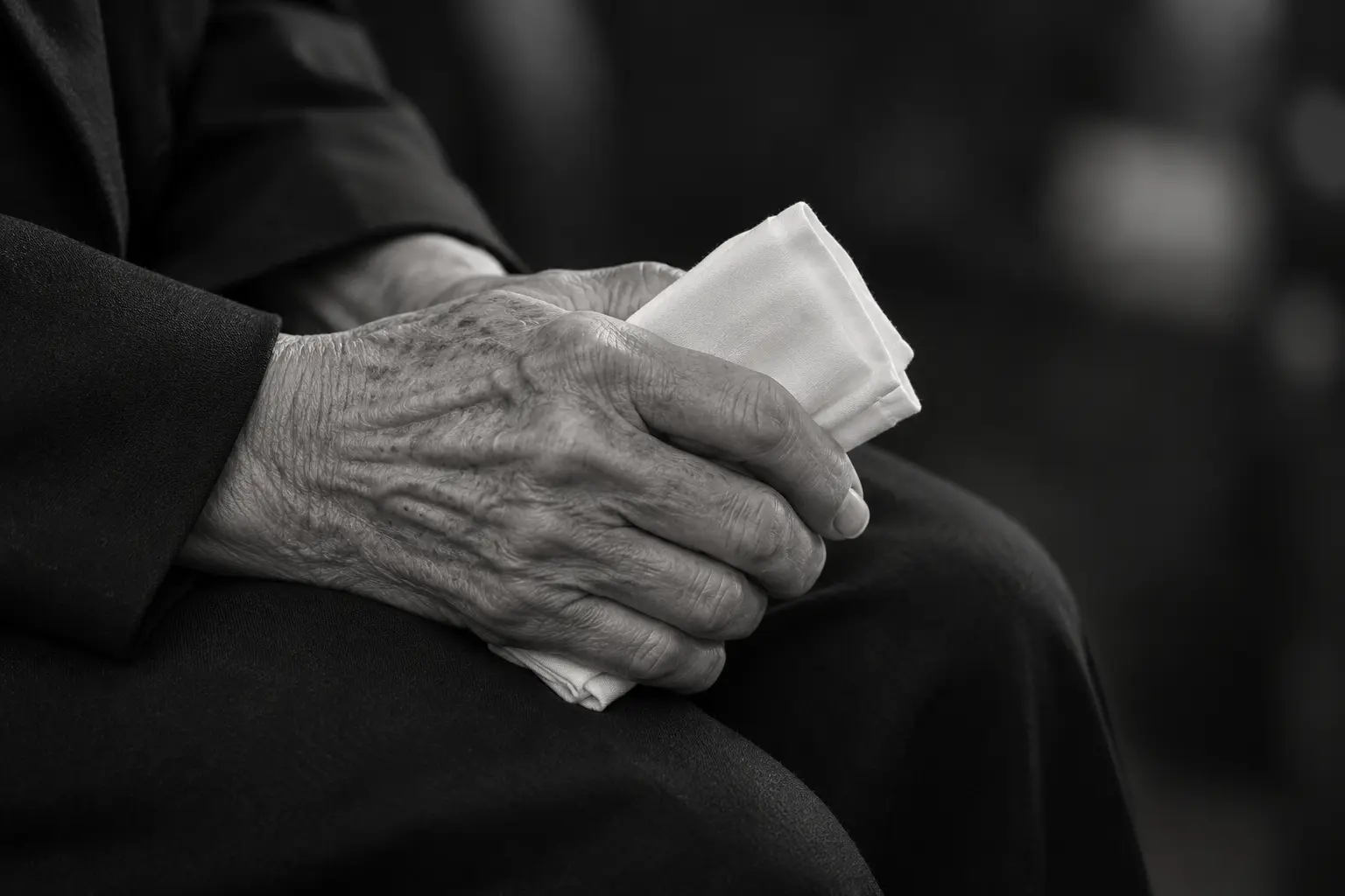 Older hands holding a folded handkerchief during a memorial gathering