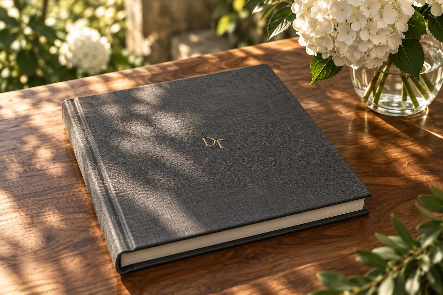 A finished memorial photograph album beside white flowers