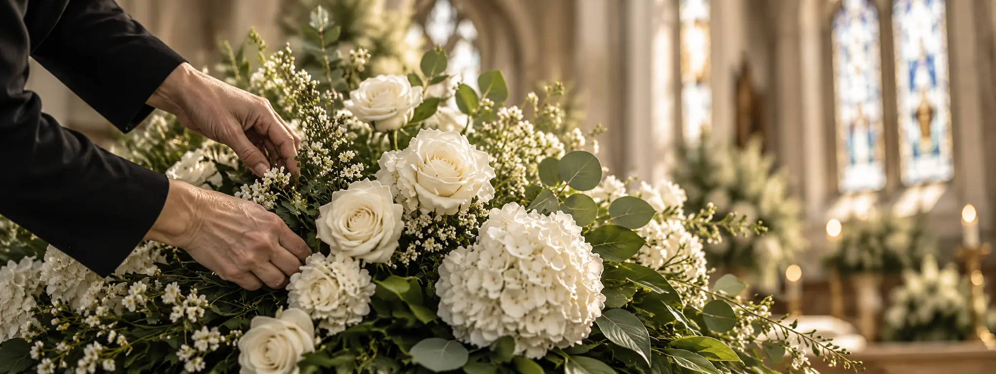 White memorial flowers being carefully arranged inside a church