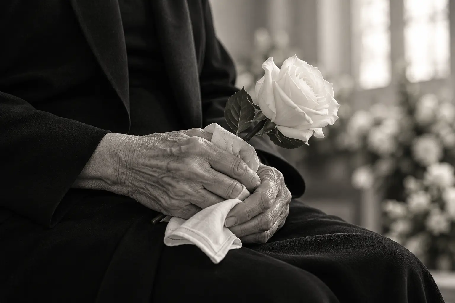 Older hands holding a white rose and handkerchief