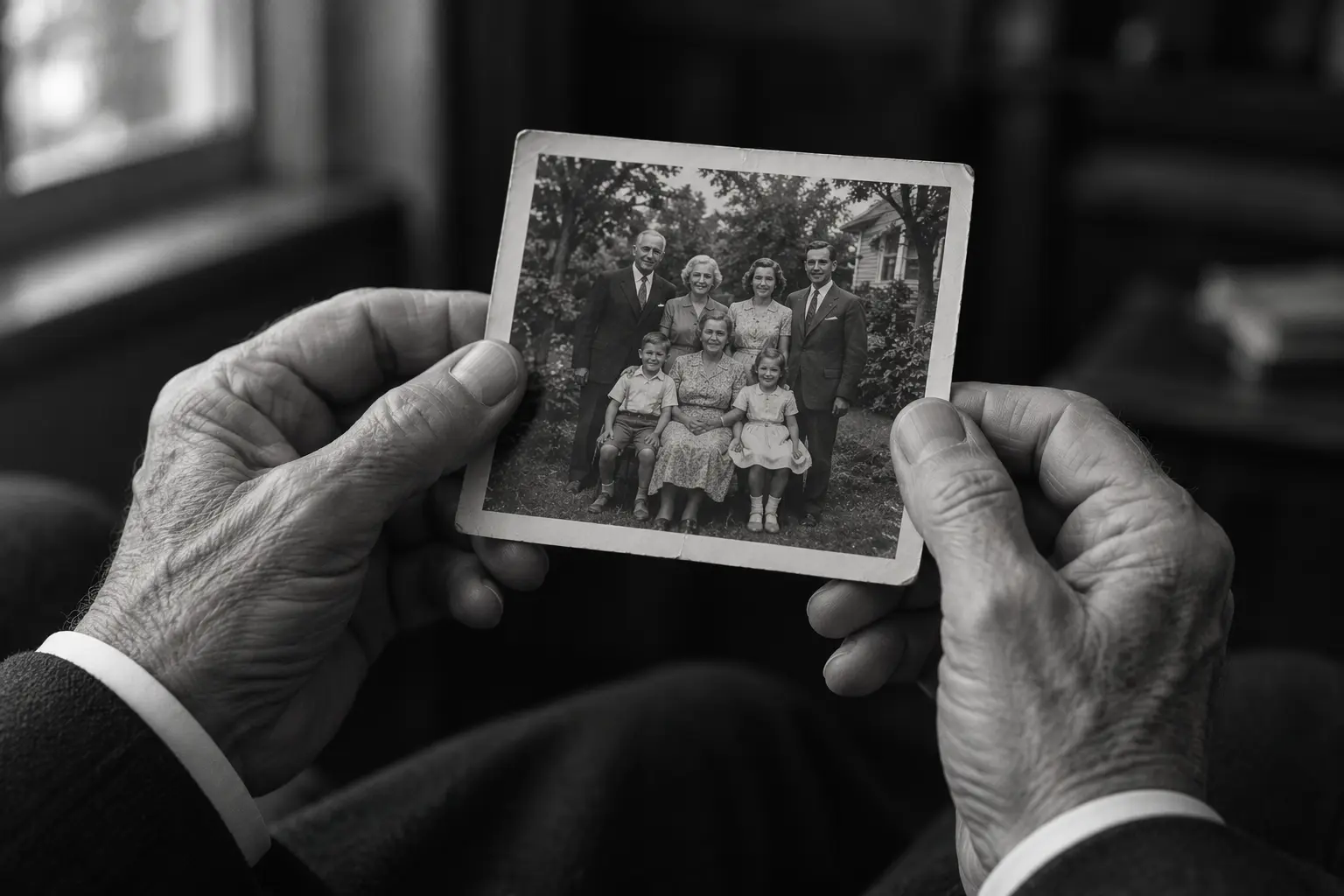 Hands holding a treasured black-and-white family photograph