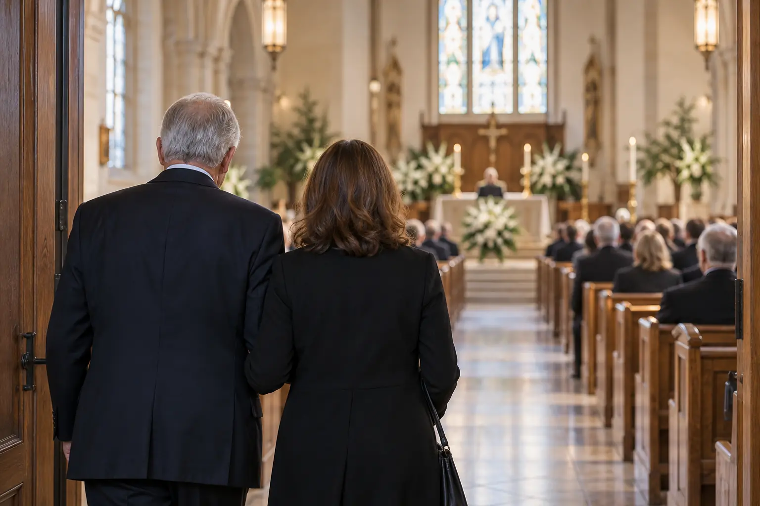 Family members entering a church for a memorial service