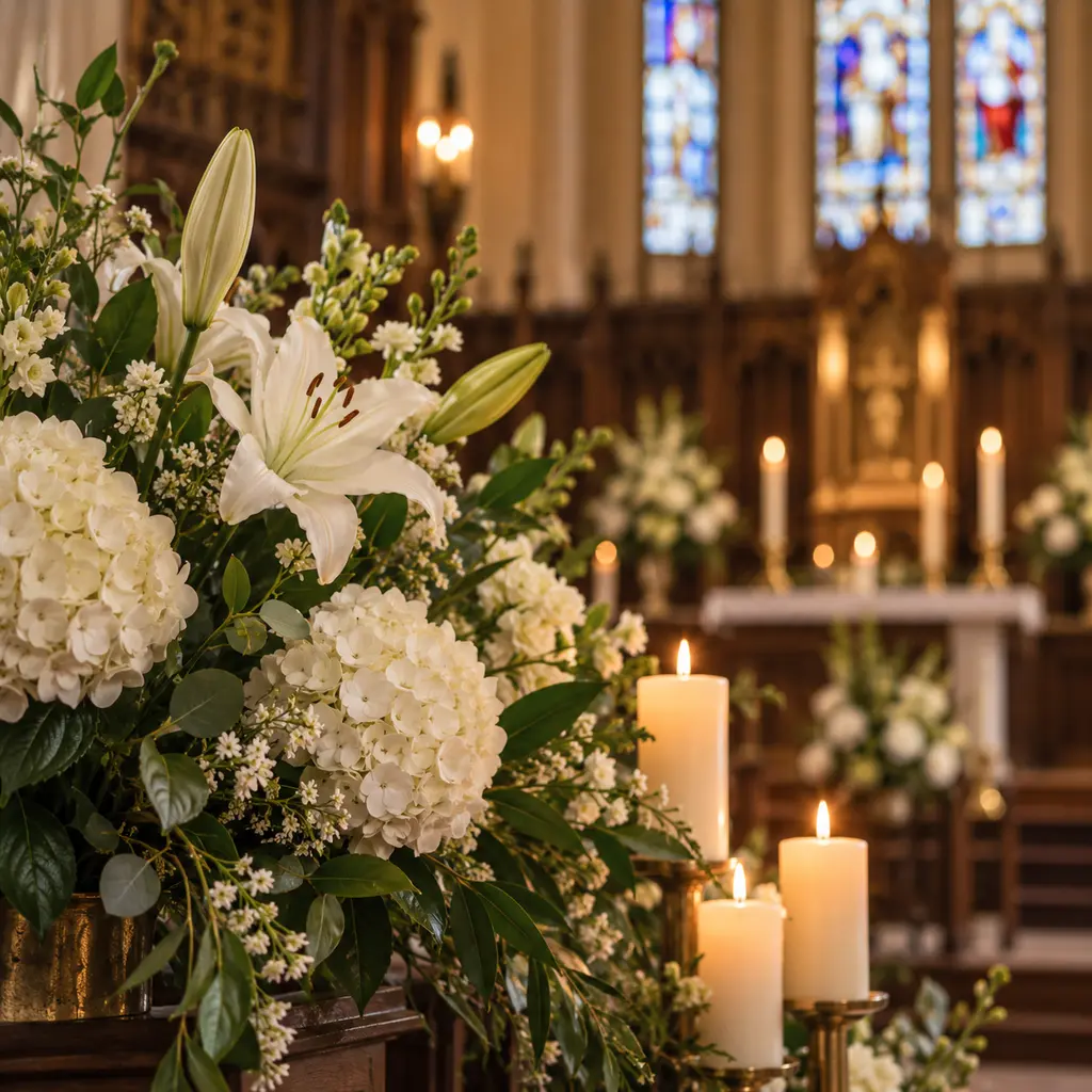White flowers and candles arranged inside a memorial chapel