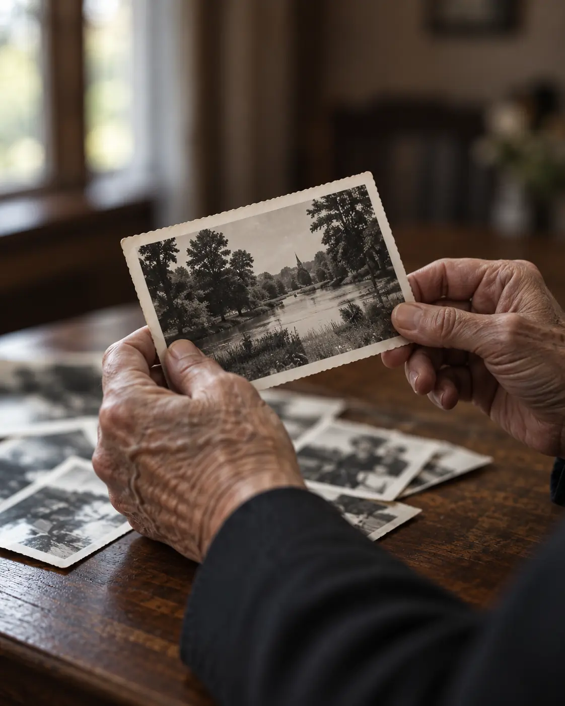Older hands holding a vintage family photograph above an archive of printed memories