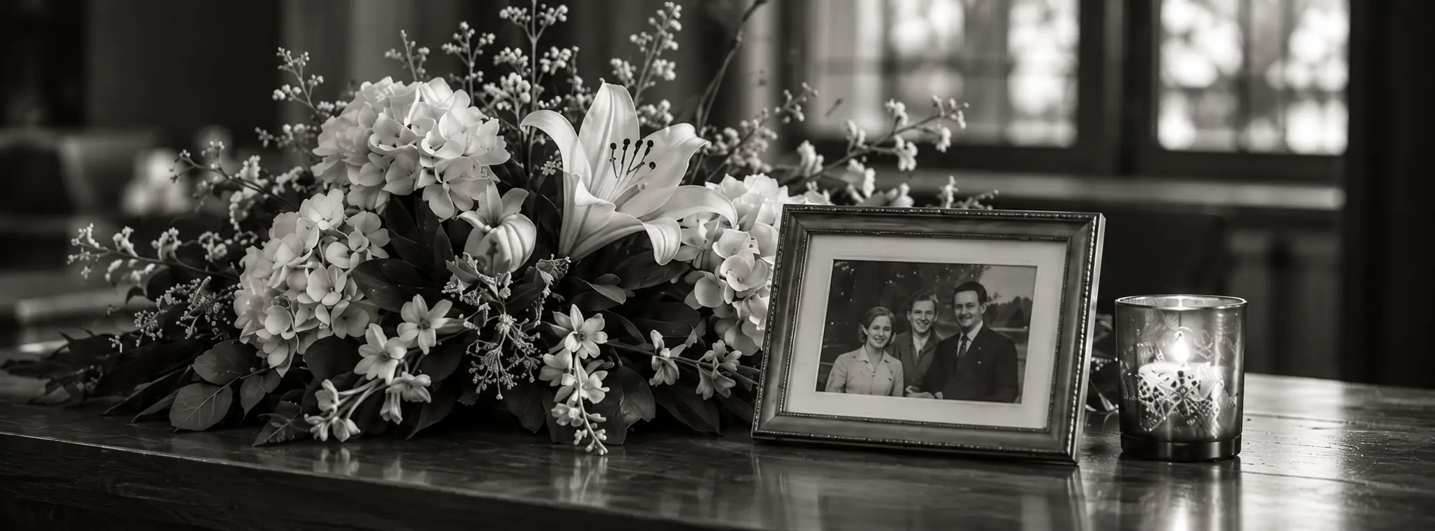 White memorial flowers, a framed family photograph, and a candle arranged on a wooden table