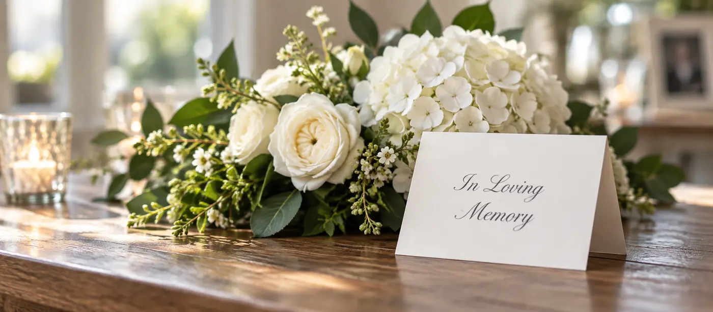 White memorial flowers beside an In Loving Memory card