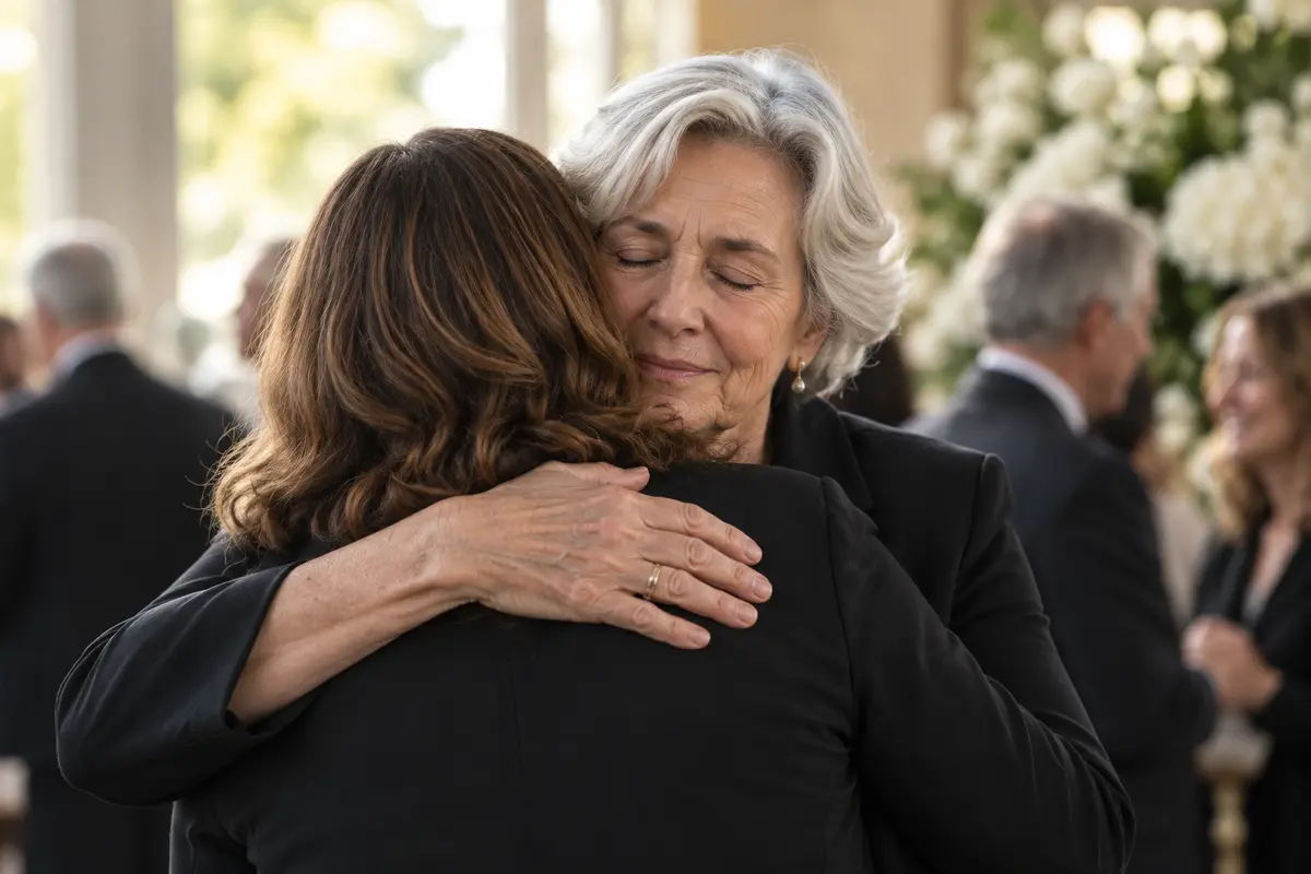 Two family members sharing a quiet embrace during a memorial gathering