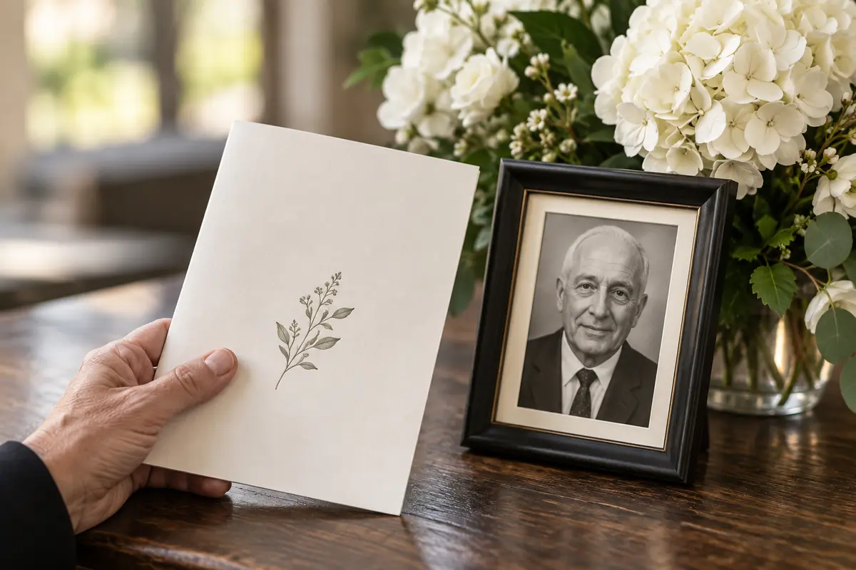 An ivory memorial program beside white flowers and a framed family portrait