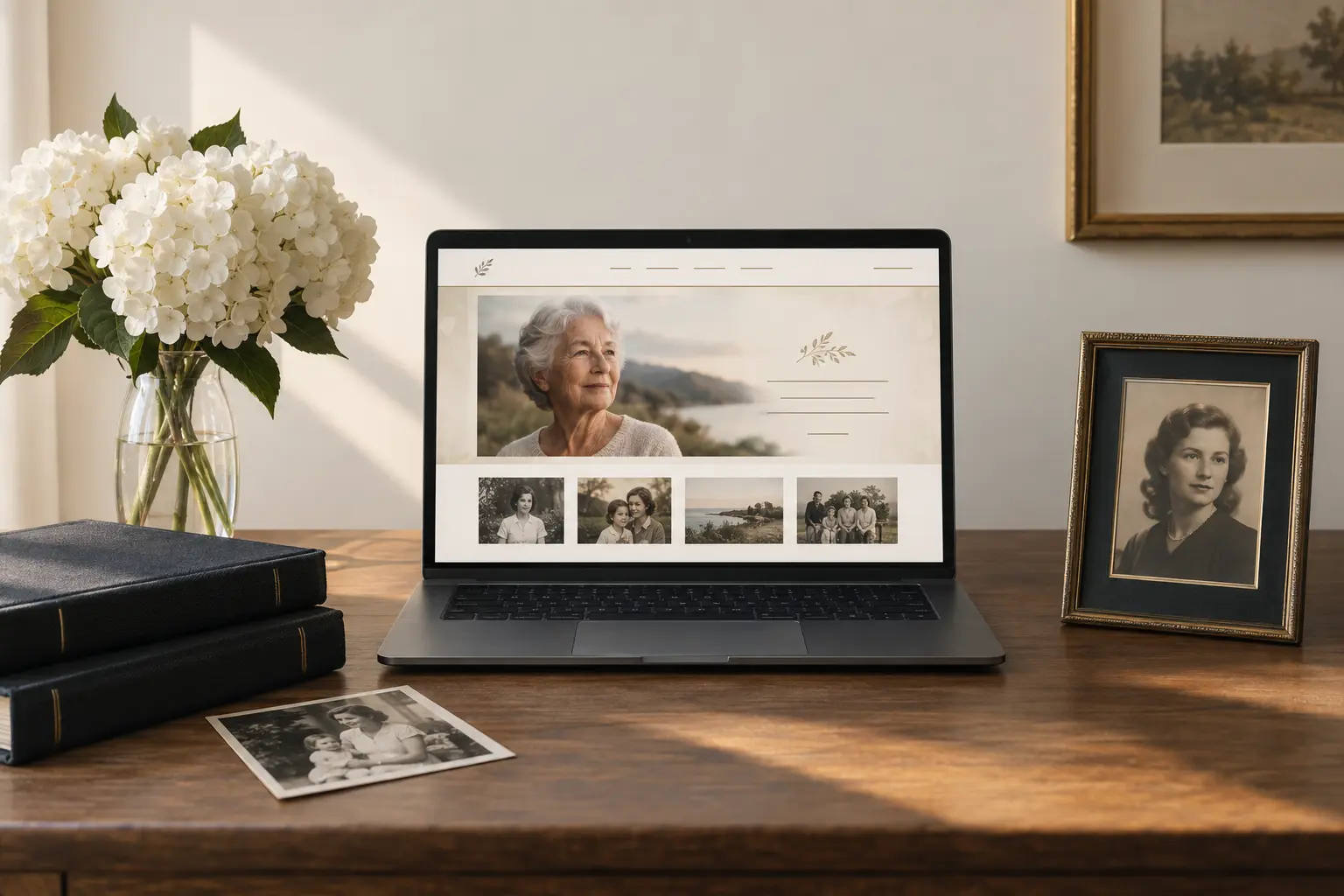Illustrative memorial website displayed on a laptop beside white flowers, albums, and family photographs