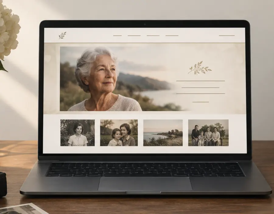 Close view of an illustrative memorial website displayed on a laptop