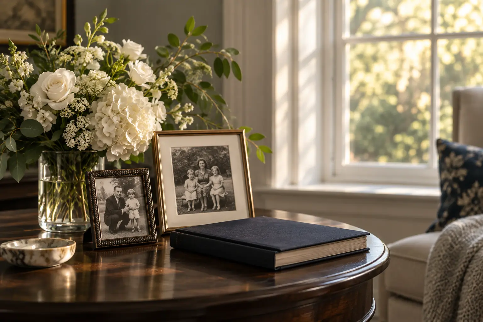 White flowers, family photographs, and a closed remembrance album beside a window