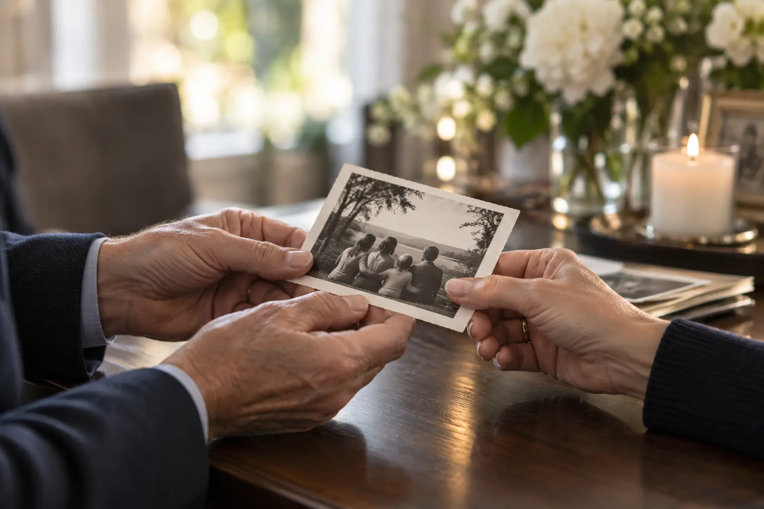 Two family members holding and sharing an old printed photograph
