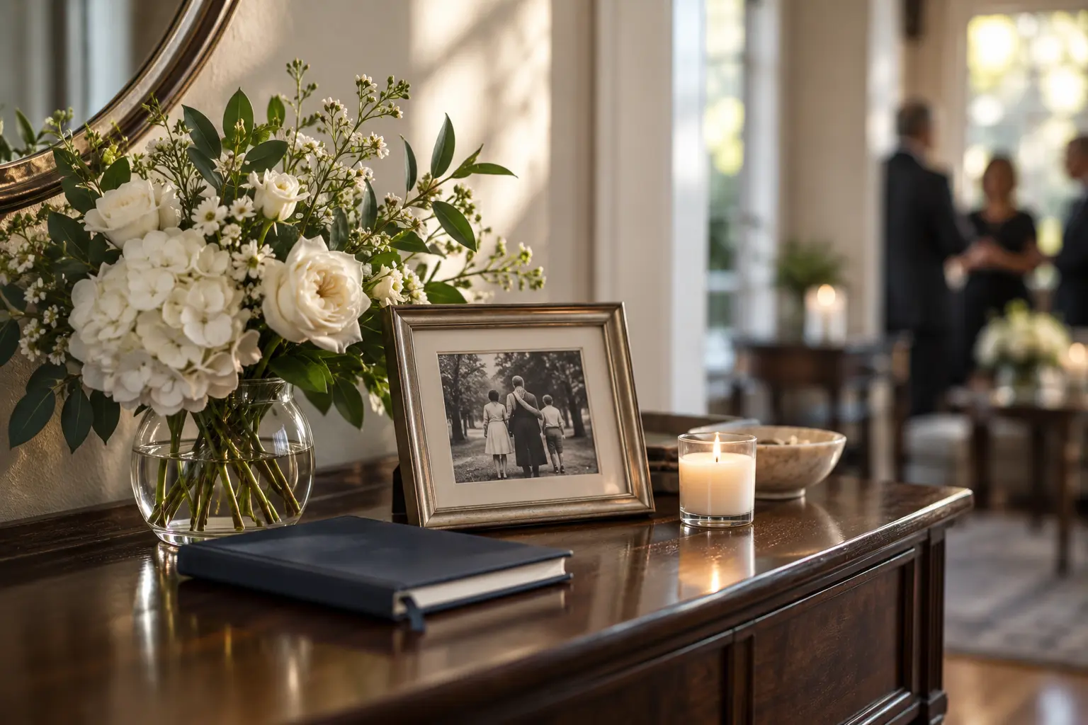 White flowers, a framed family photograph, and a remembrance book