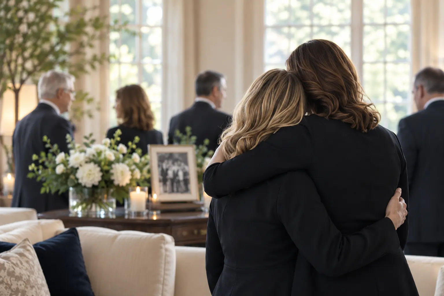 Two family members sharing a quiet embrace at a private remembrance gathering