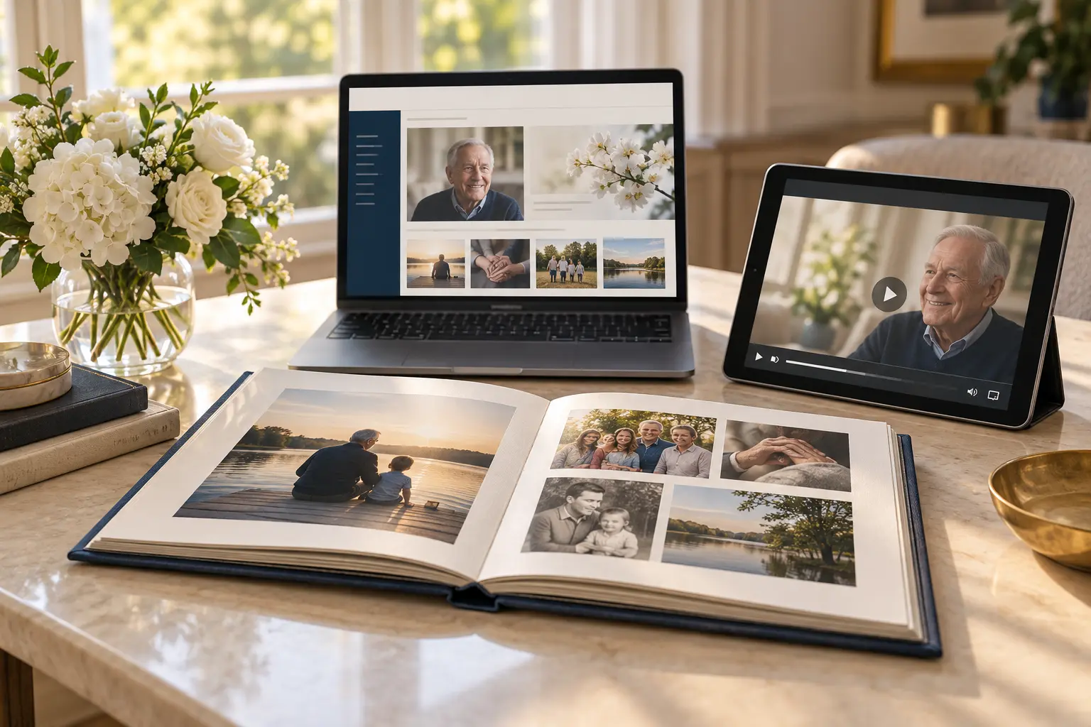 Photo album, tribute film, and memorial website arranged as one coordinated collection